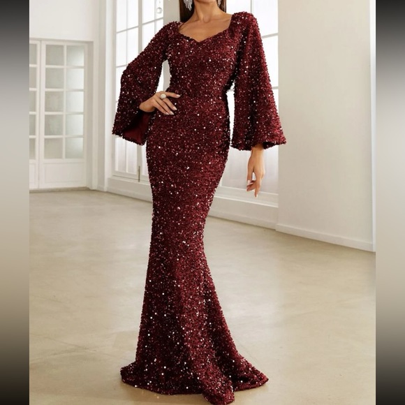 Luxe trumpet sleeve mermaid hem party formal sequins gown dress - Picture 8 of 16